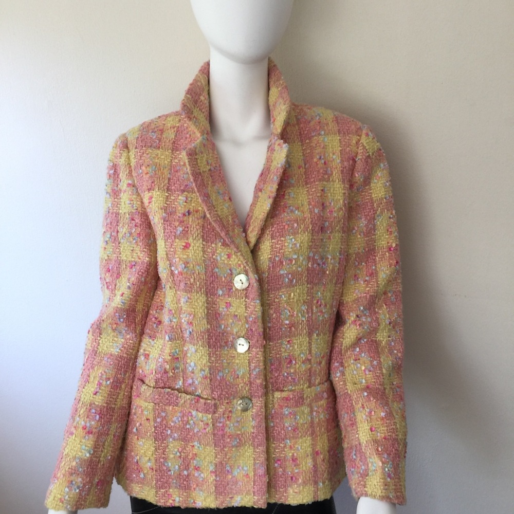VTG Linea by Louis Dell’Olio yellow/pink textured boucle blazer